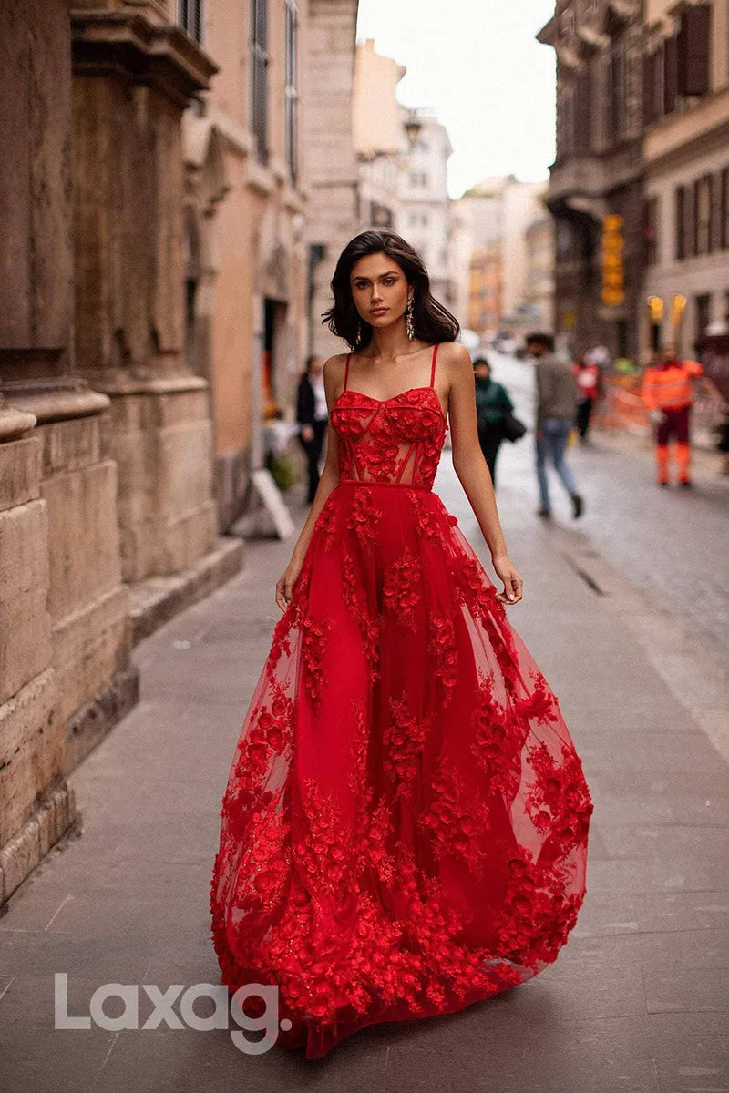 22079 - Spaghetti Straps 3D Lace Red Long A line Prom Dress