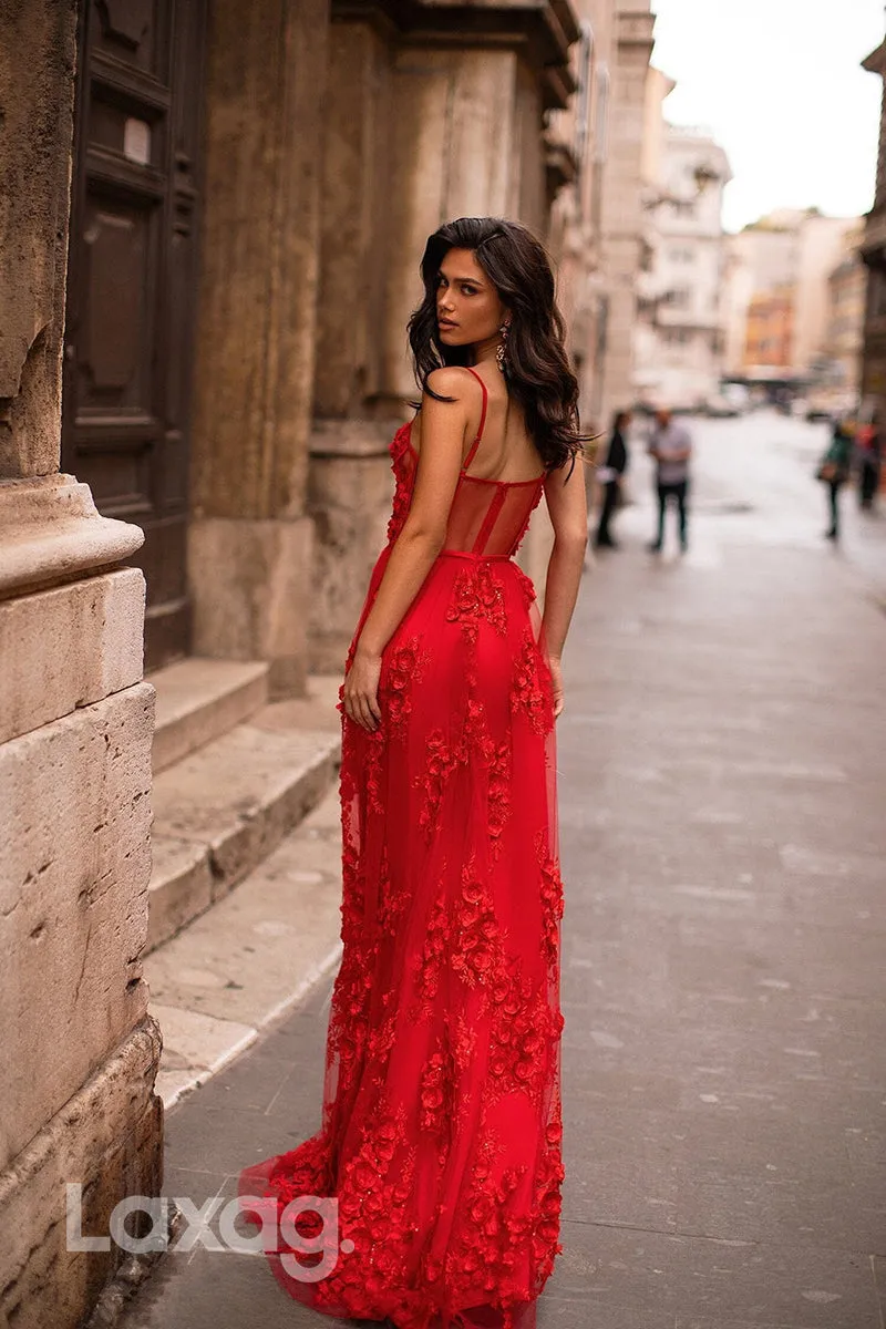 22079 - Spaghetti Straps 3D Lace Red Long A line Prom Dress