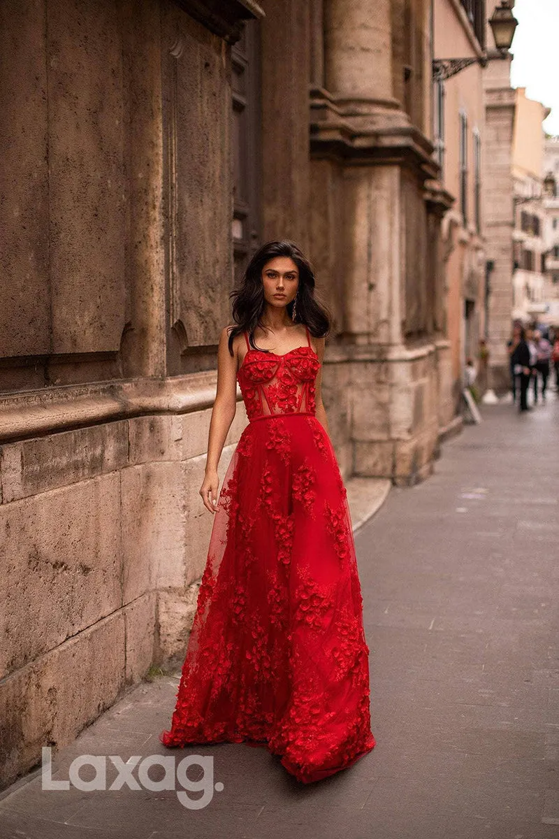 22079 - Spaghetti Straps 3D Lace Red Long A line Prom Dress