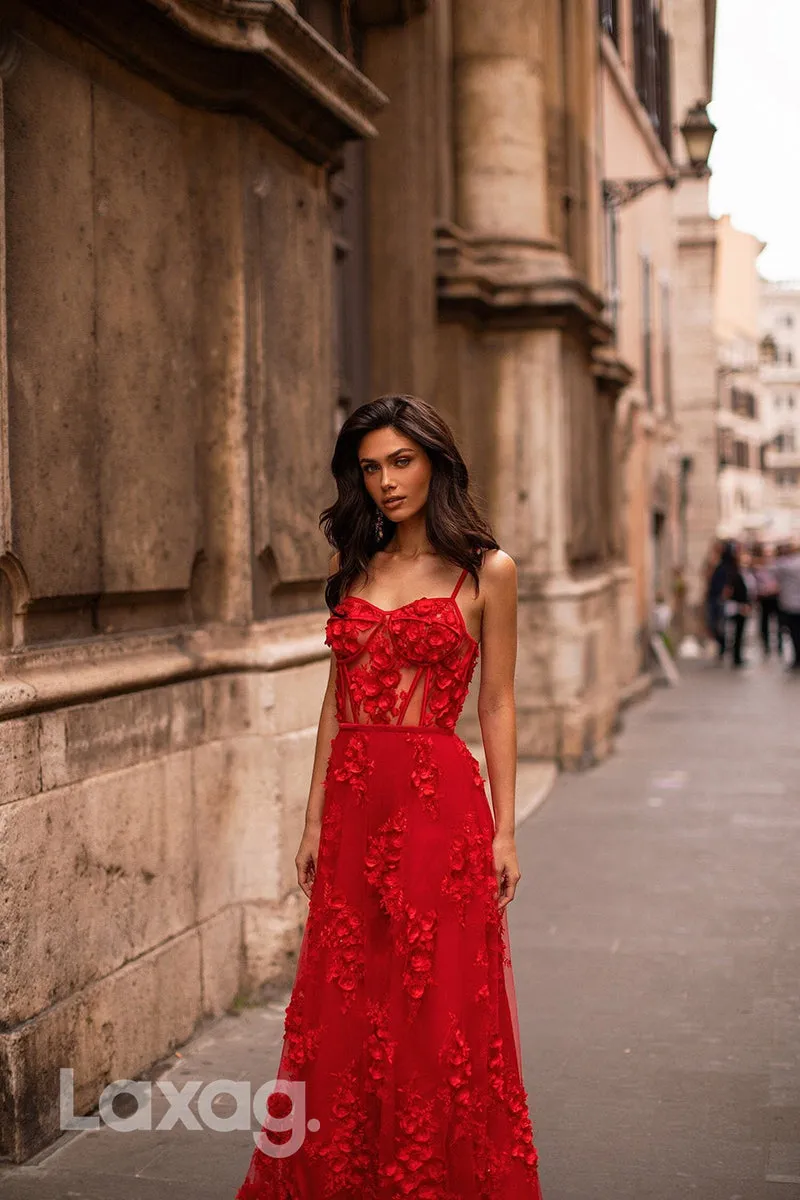 22079 - Spaghetti Straps 3D Lace Red Long A line Prom Dress