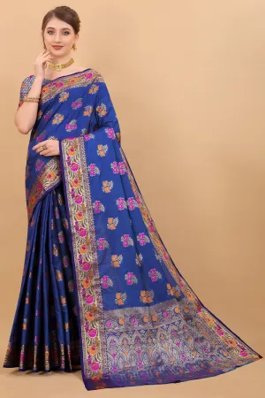 Aplomb Navy Blue Soft Banarasi Silk Saree With Sonorous Blouse Piece