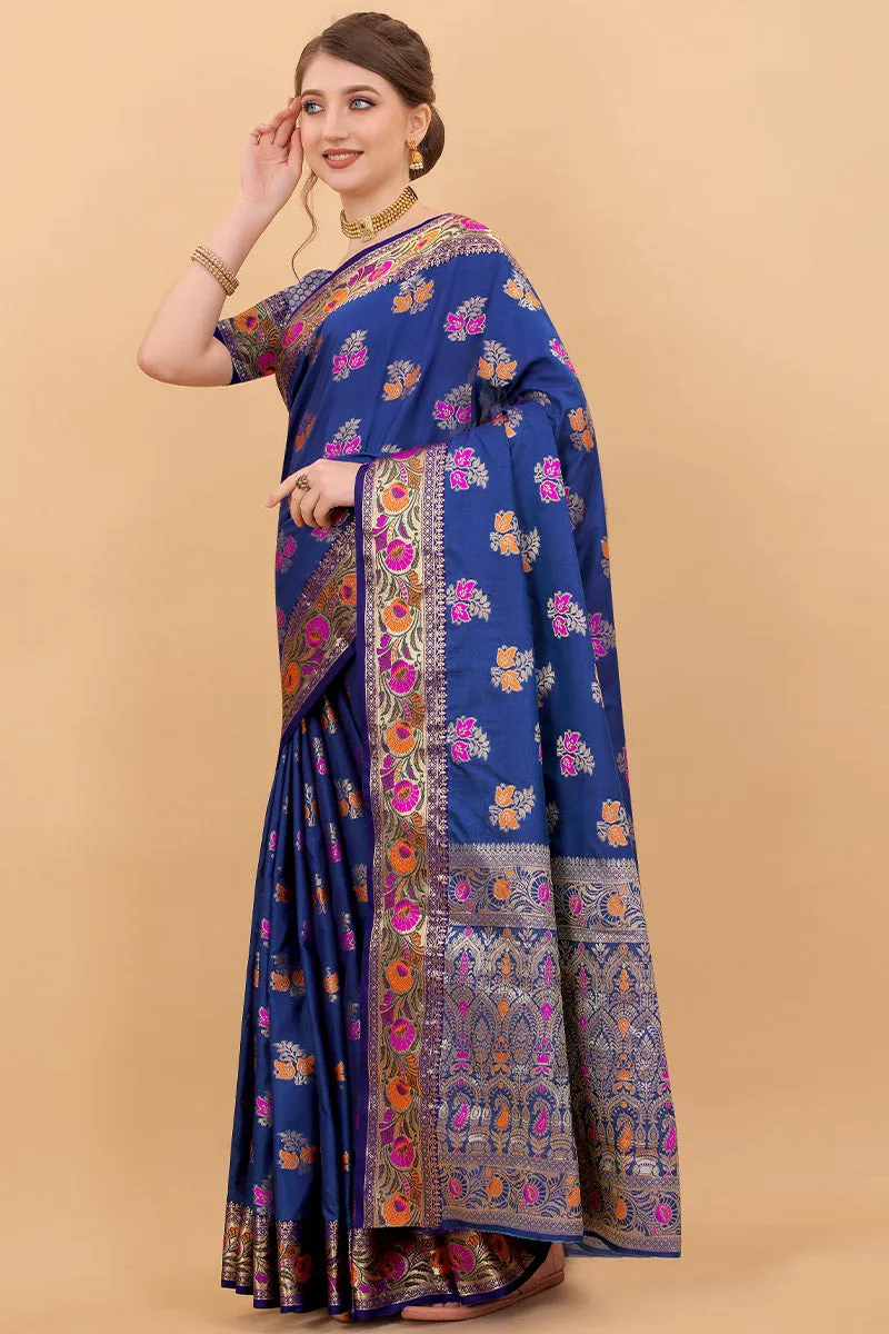 Aplomb Navy Blue Soft Banarasi Silk Saree With Sonorous Blouse Piece