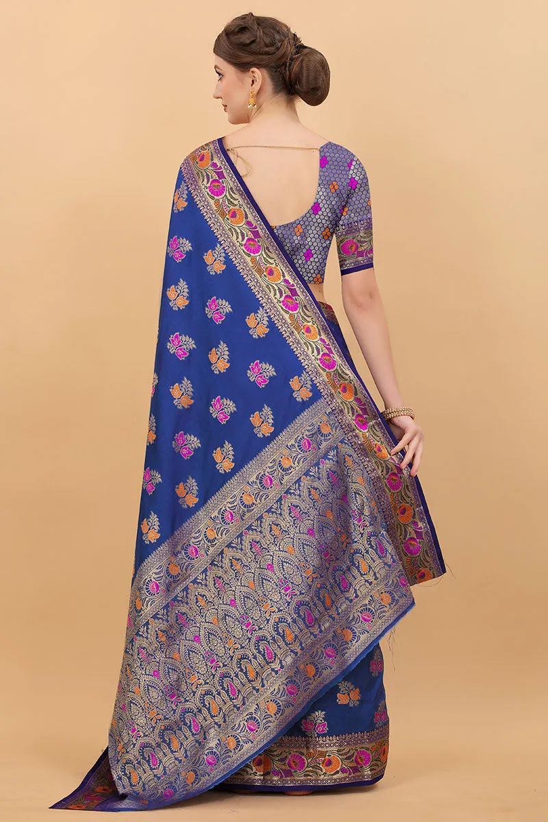 Aplomb Navy Blue Soft Banarasi Silk Saree With Sonorous Blouse Piece