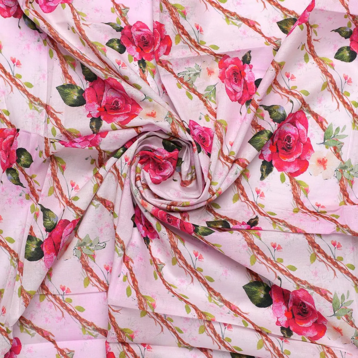 Autumnal Red Roses With Leaves Digital Printed Fabric - Pure Cotton