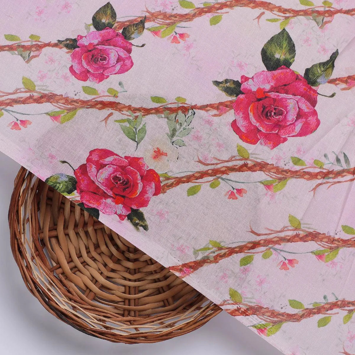 Autumnal Red Roses With Leaves Digital Printed Fabric - Pure Cotton