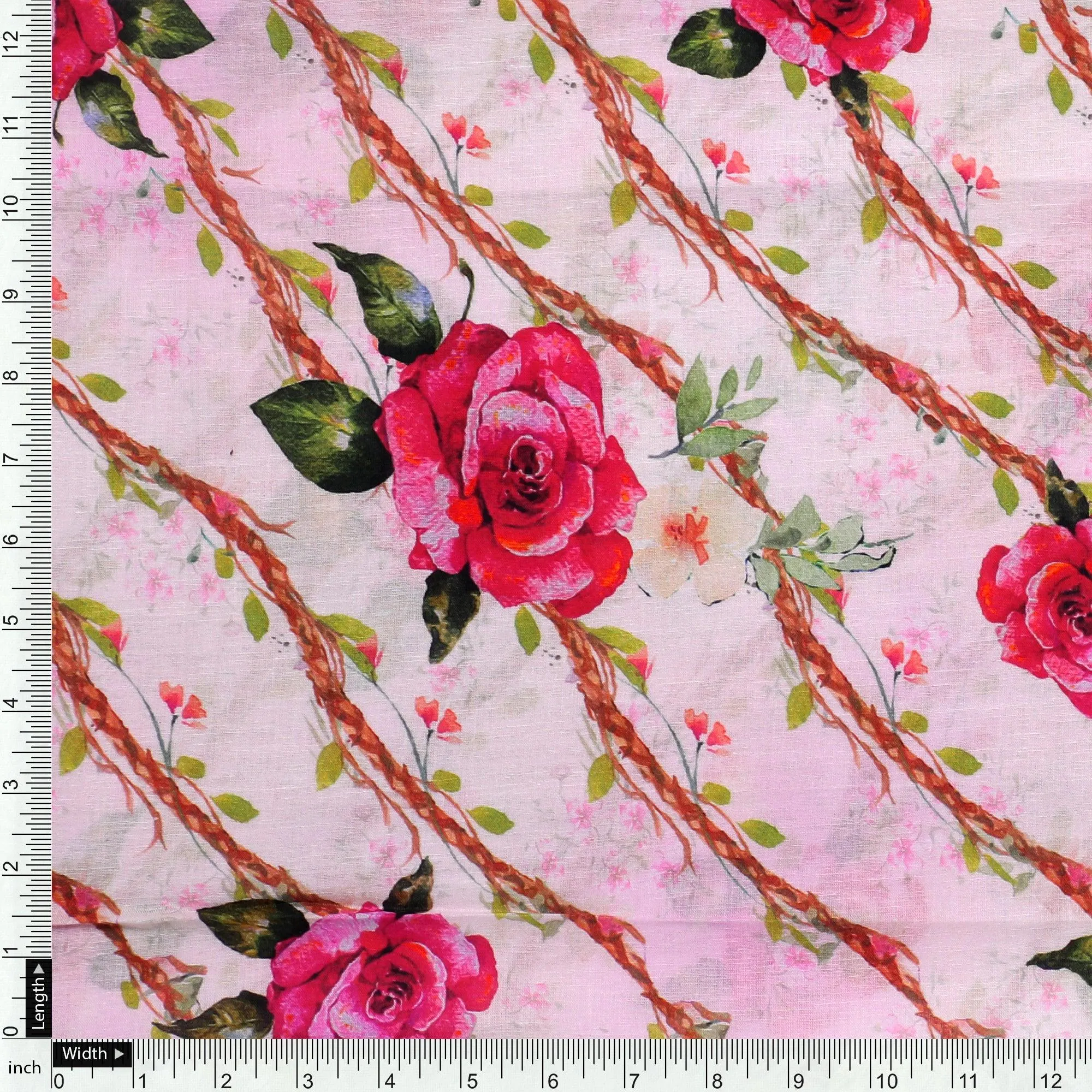 Autumnal Red Roses With Leaves Digital Printed Fabric - Pure Cotton
