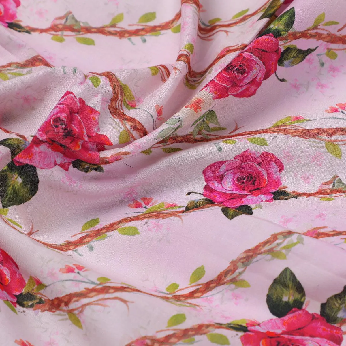 Autumnal Red Roses With Leaves Digital Printed Fabric - Pure Cotton