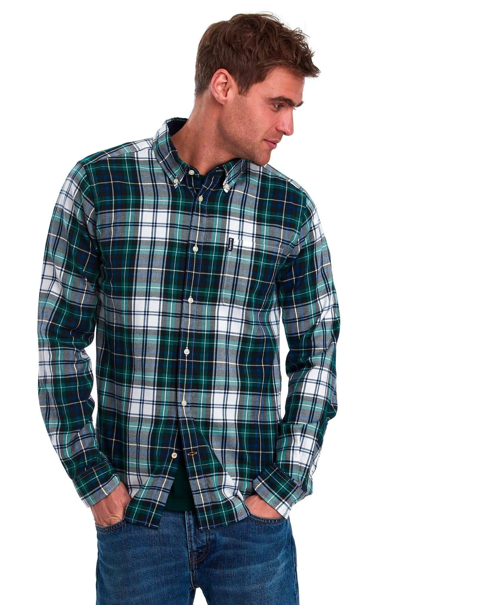 Barbour Highland Check 20 Classic Tartan Button down Collar Tailored Fit In Navy & Green