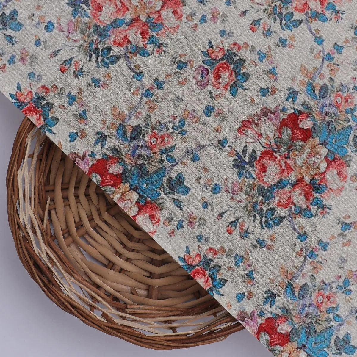 Beautiful Ditsy Flowers On Blue Digital Printed Fabric - Pure Cotton