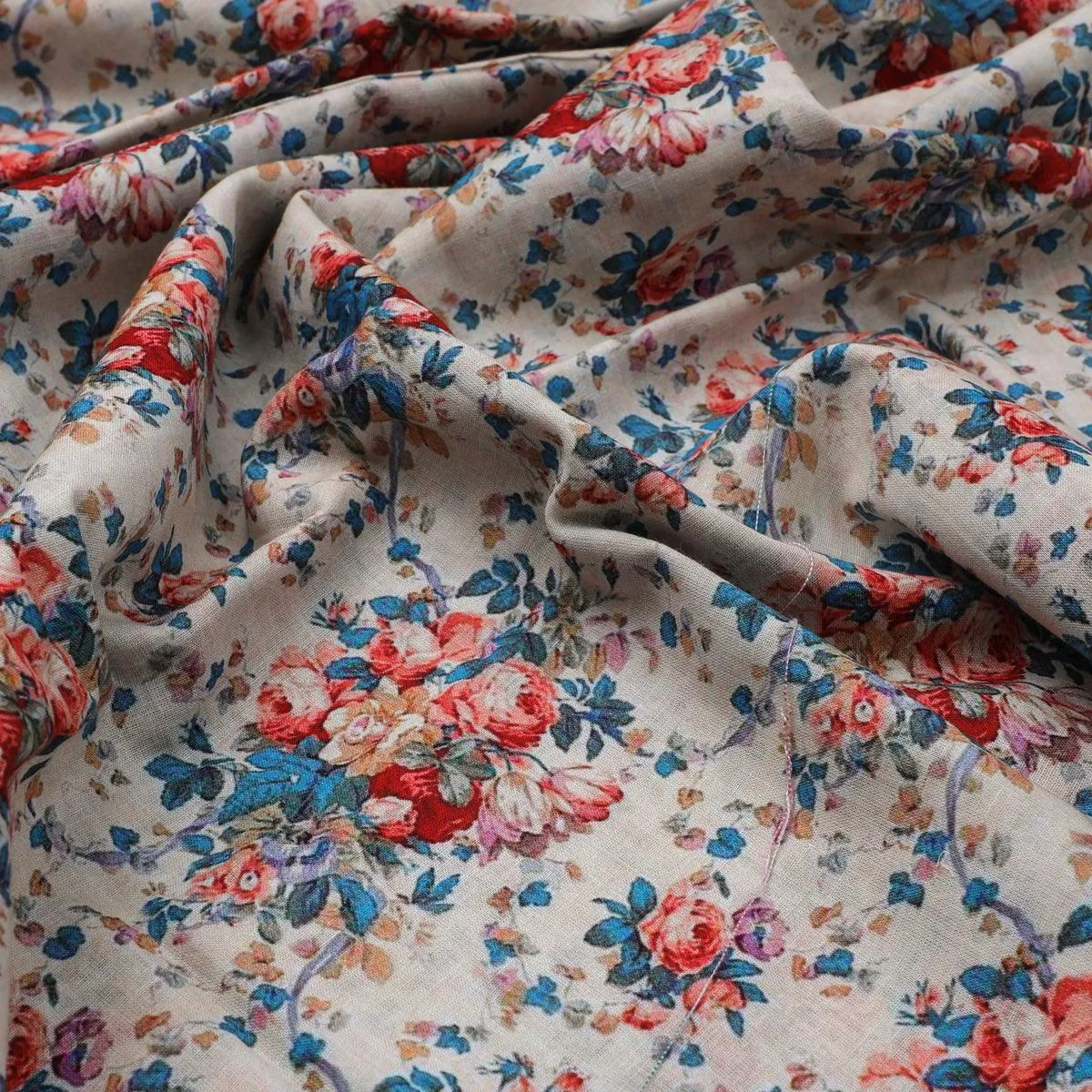 Beautiful Ditsy Flowers On Blue Digital Printed Fabric - Pure Cotton