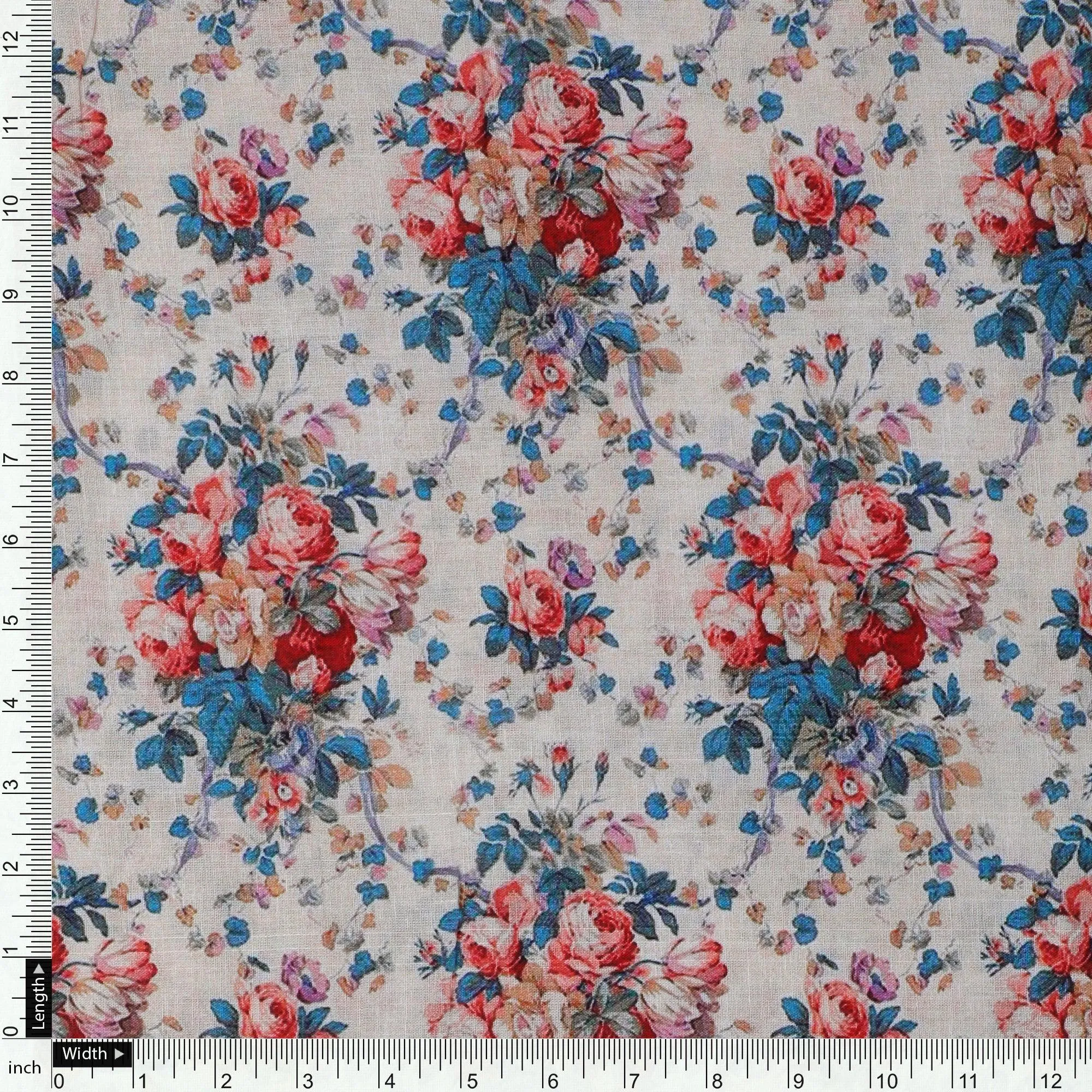 Beautiful Ditsy Flowers On Blue Digital Printed Fabric - Pure Cotton