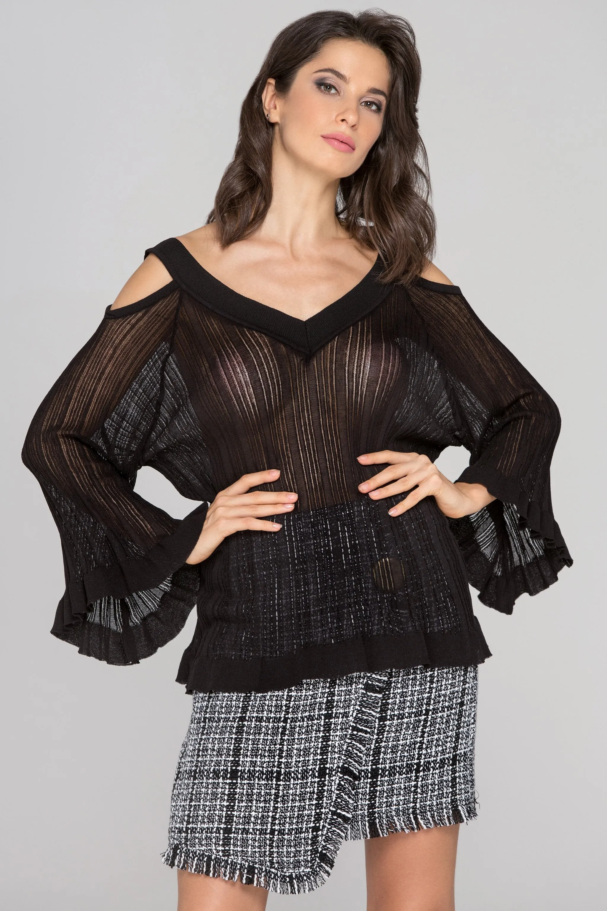 Black Sheer Knit Flare Sleeve Cold Shoulder Top
