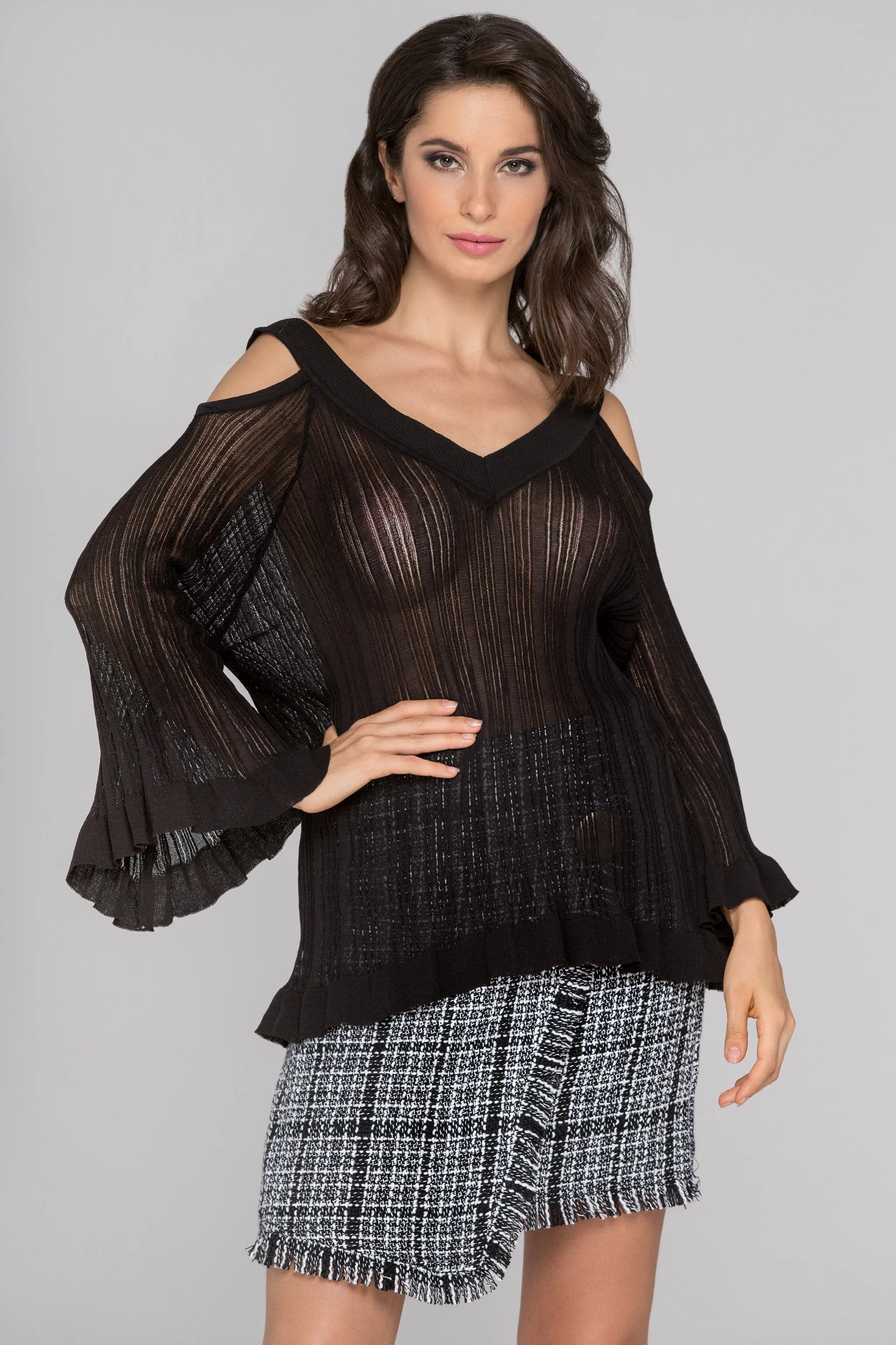 Black Sheer Knit Flare Sleeve Cold Shoulder Top