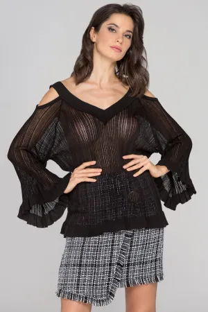 Black Sheer Knit Flare Sleeve Cold Shoulder Top