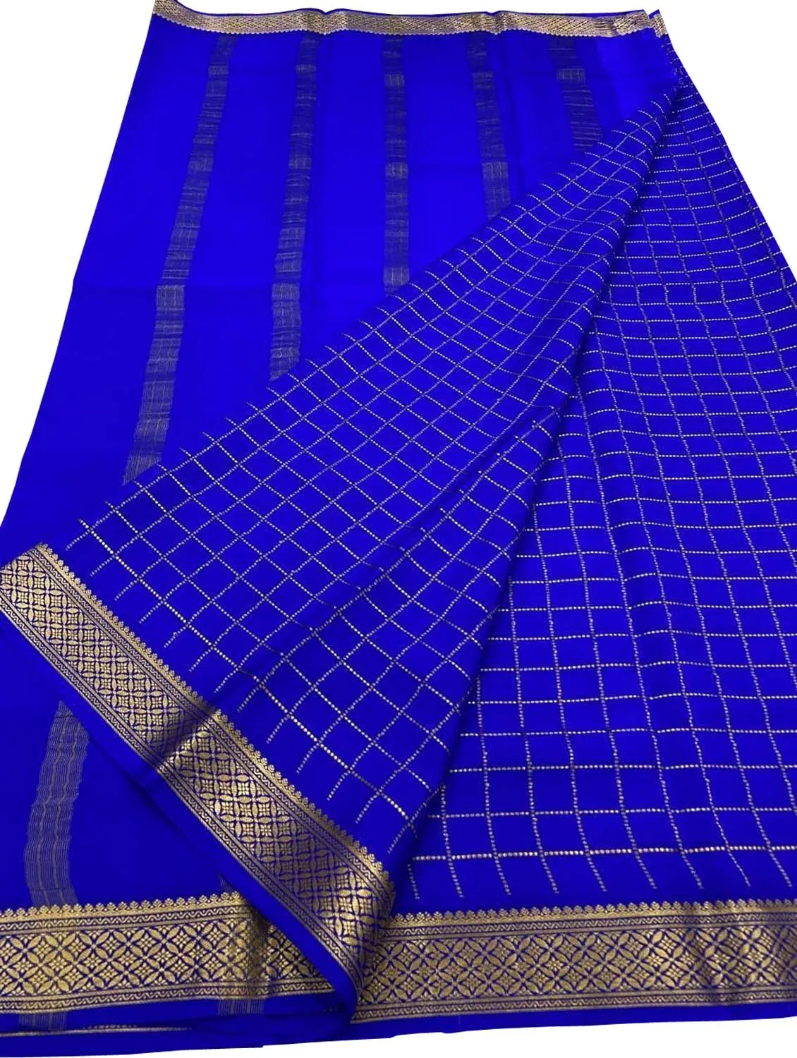 Blue Handloom Mysore Silk Checks Saree