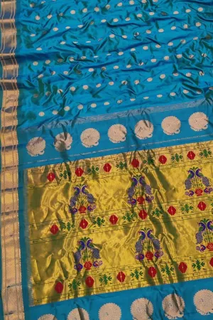 Blue Handloom Paithani Pure Silk Peacock Design Saree