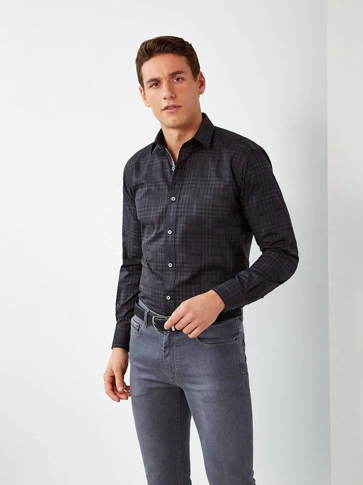 Bugatchi Black Solid Tonal Plaid Weave
