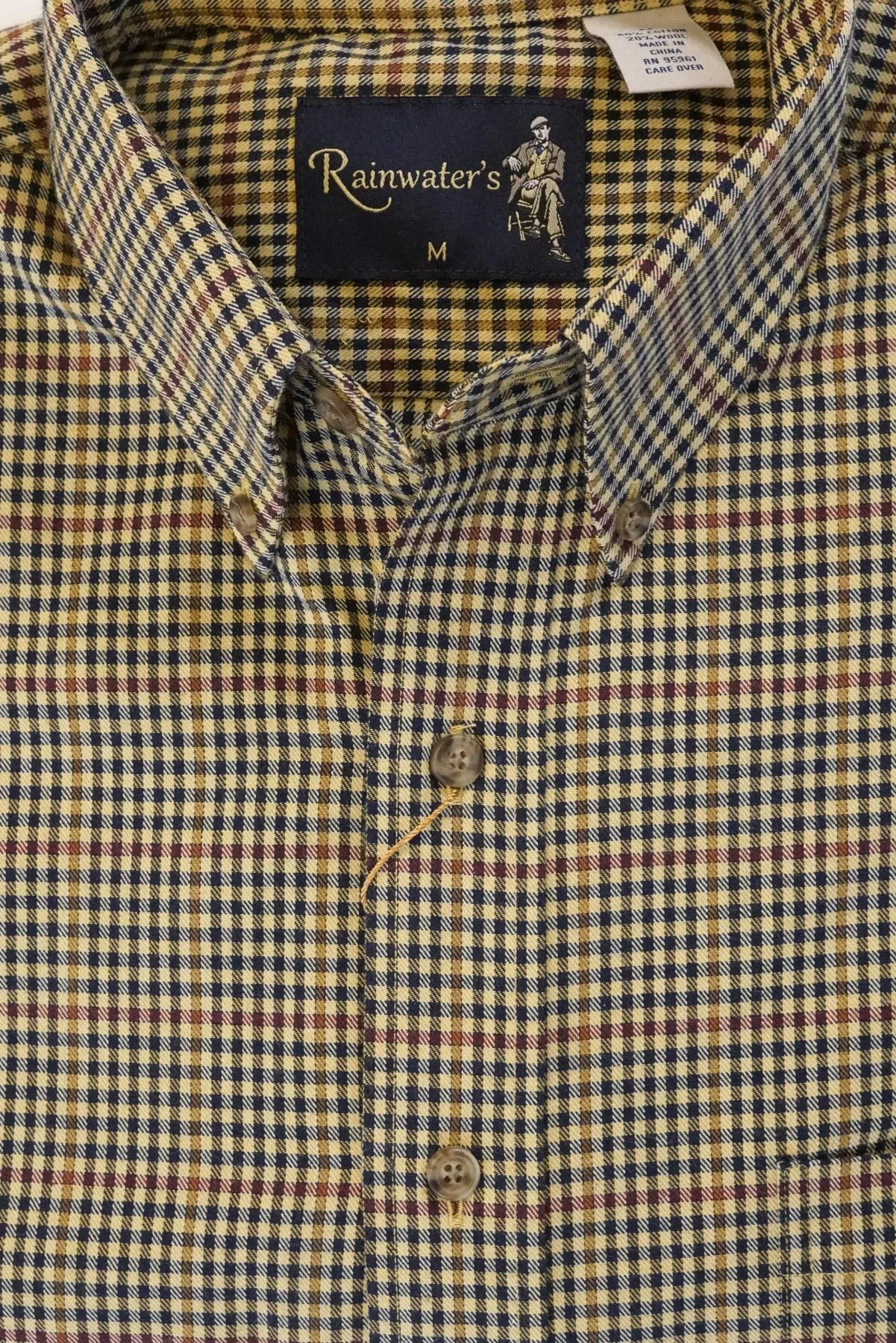 Camel and Navy Check Plaid Button Down in Cotton & Wool by Rainwater's