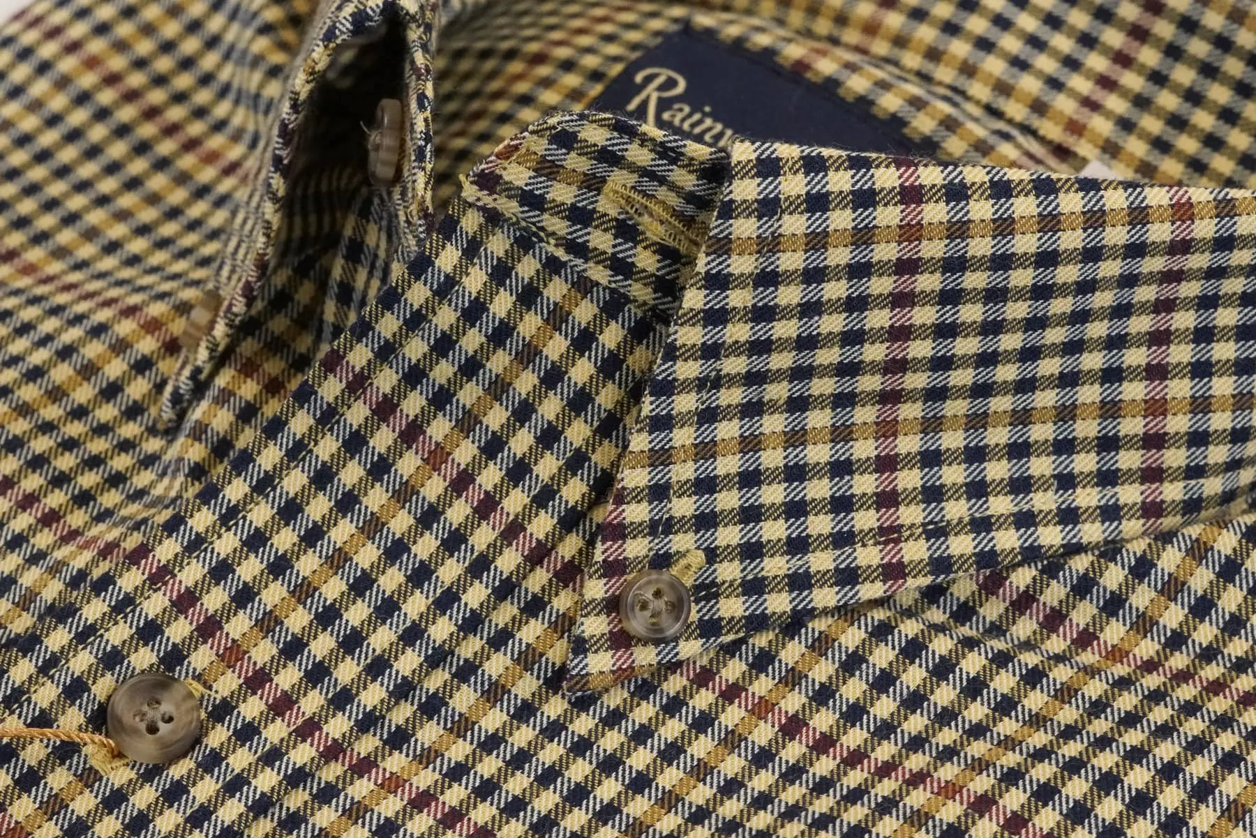 Camel and Navy Check Plaid Button Down in Cotton & Wool by Rainwater's