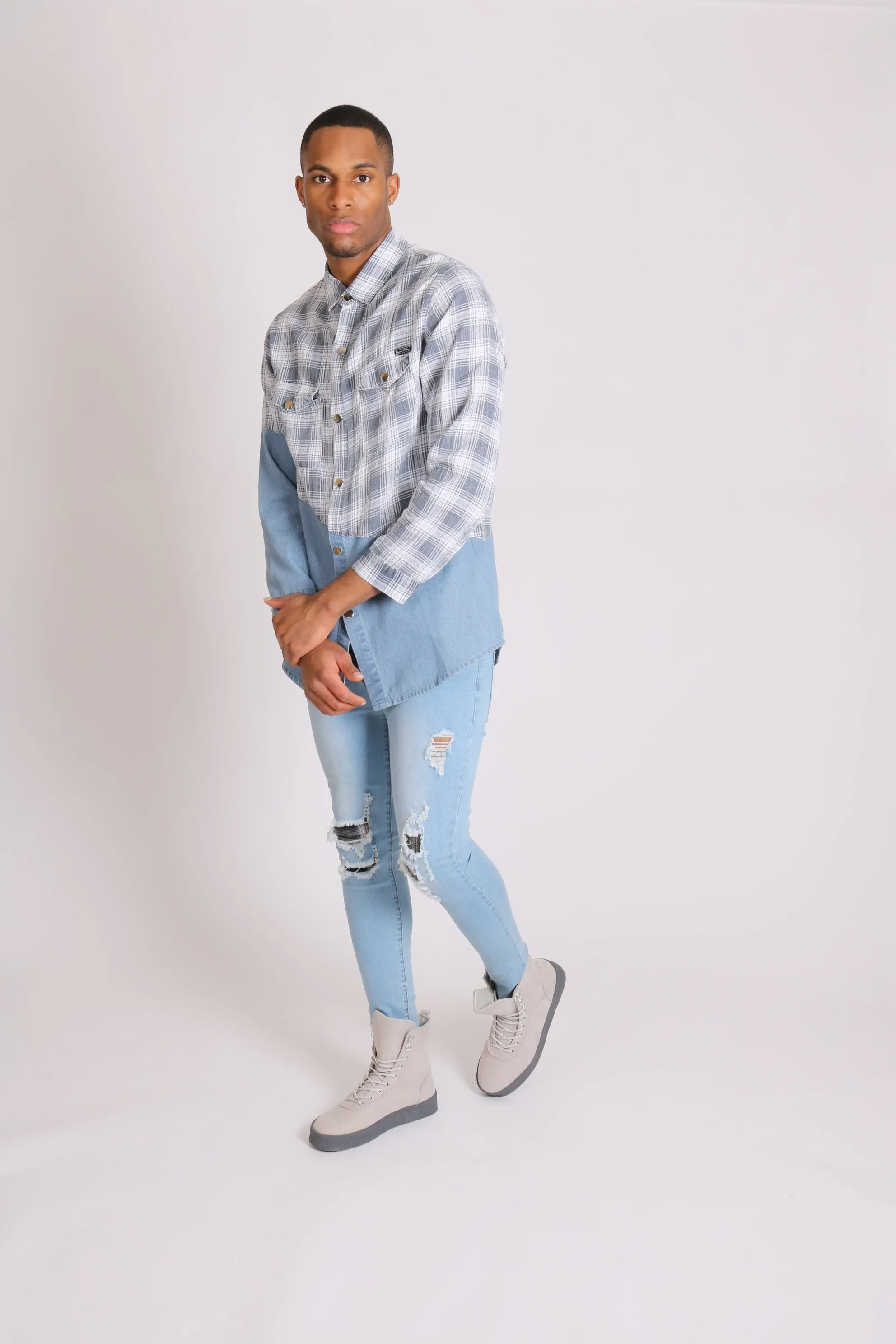 Cleveland Light Denim Shirt With Contrast Flannel Check