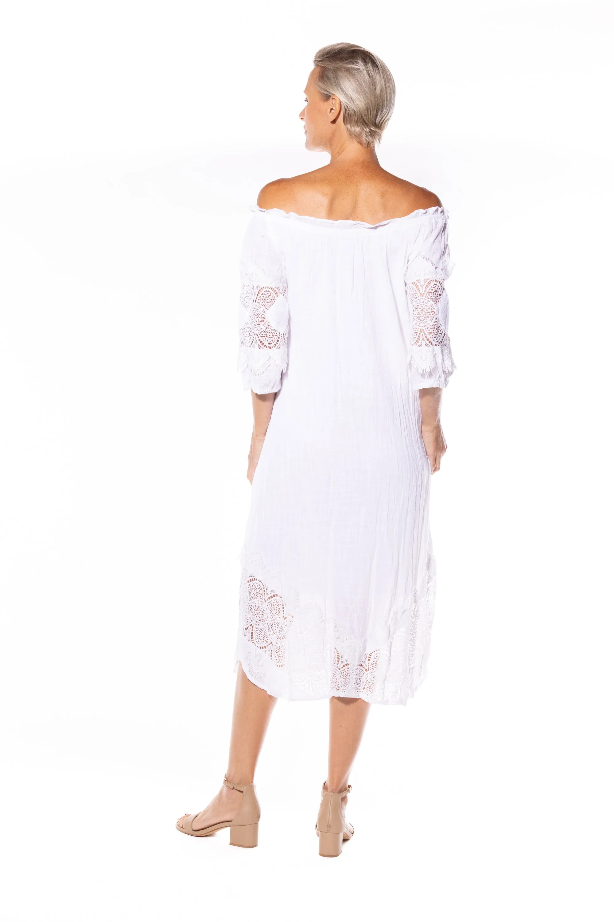 Cotton Peasant Dress by Café Latte - White
