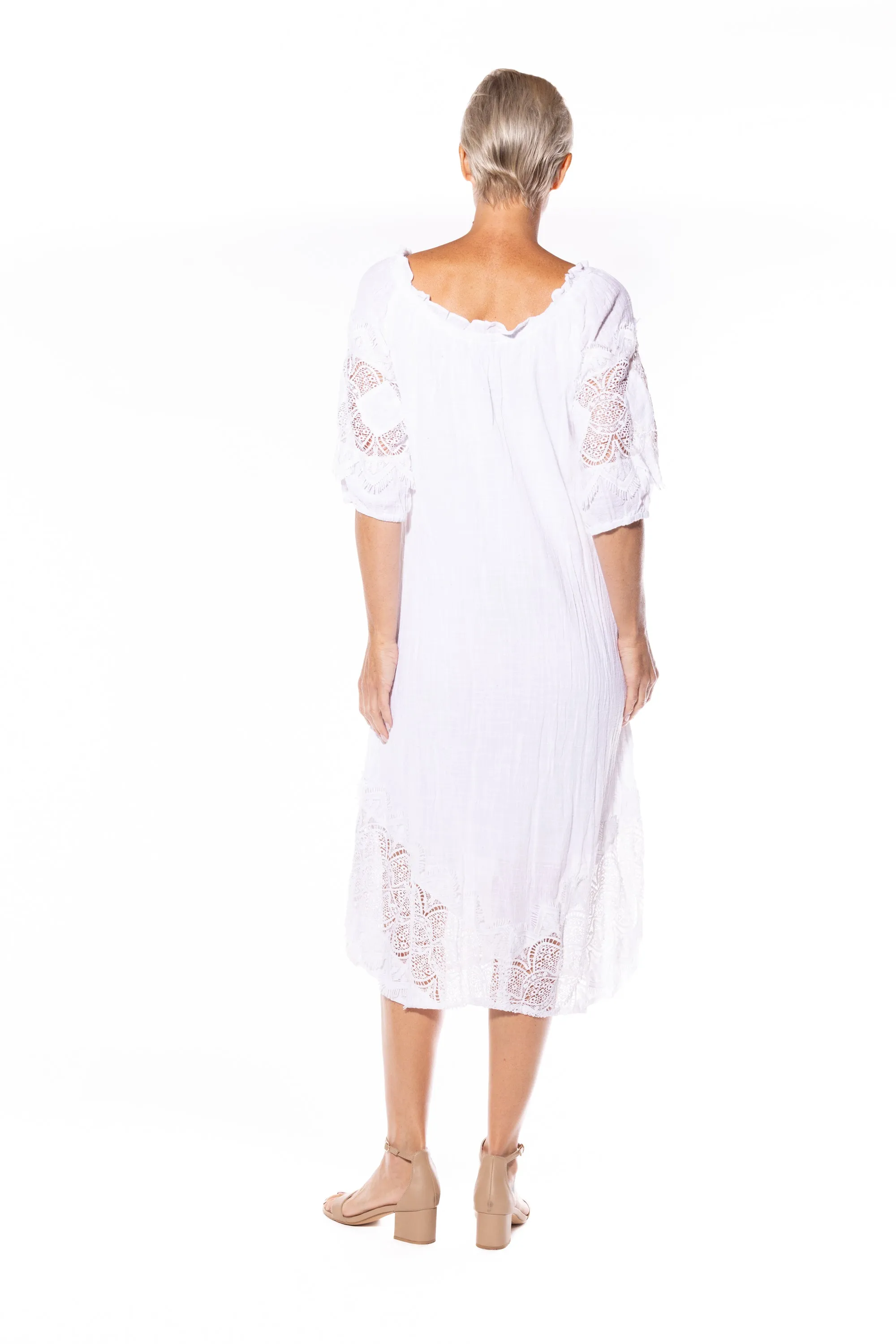 Cotton Peasant Dress by Café Latte - White
