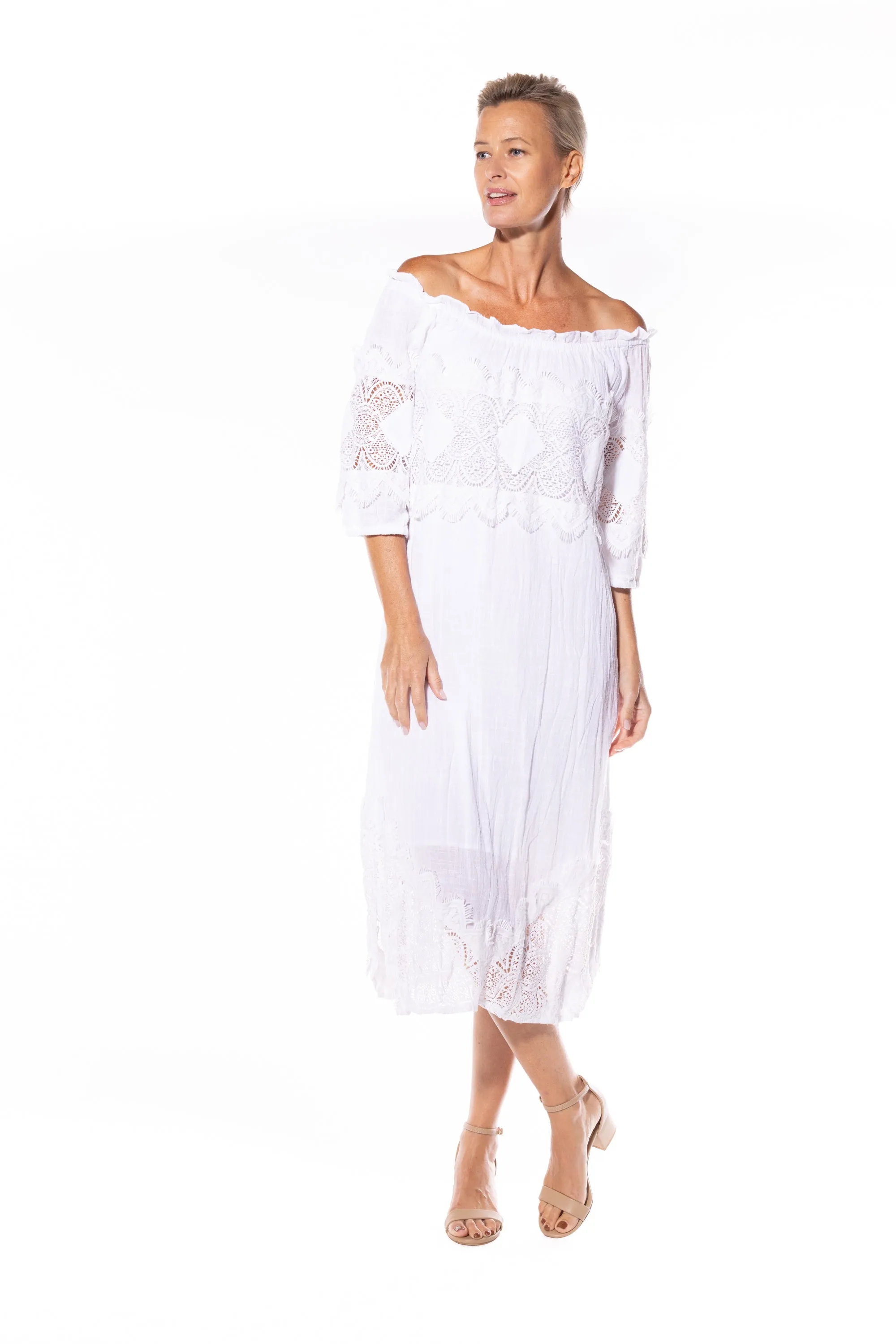 Cotton Peasant Dress by Café Latte - White