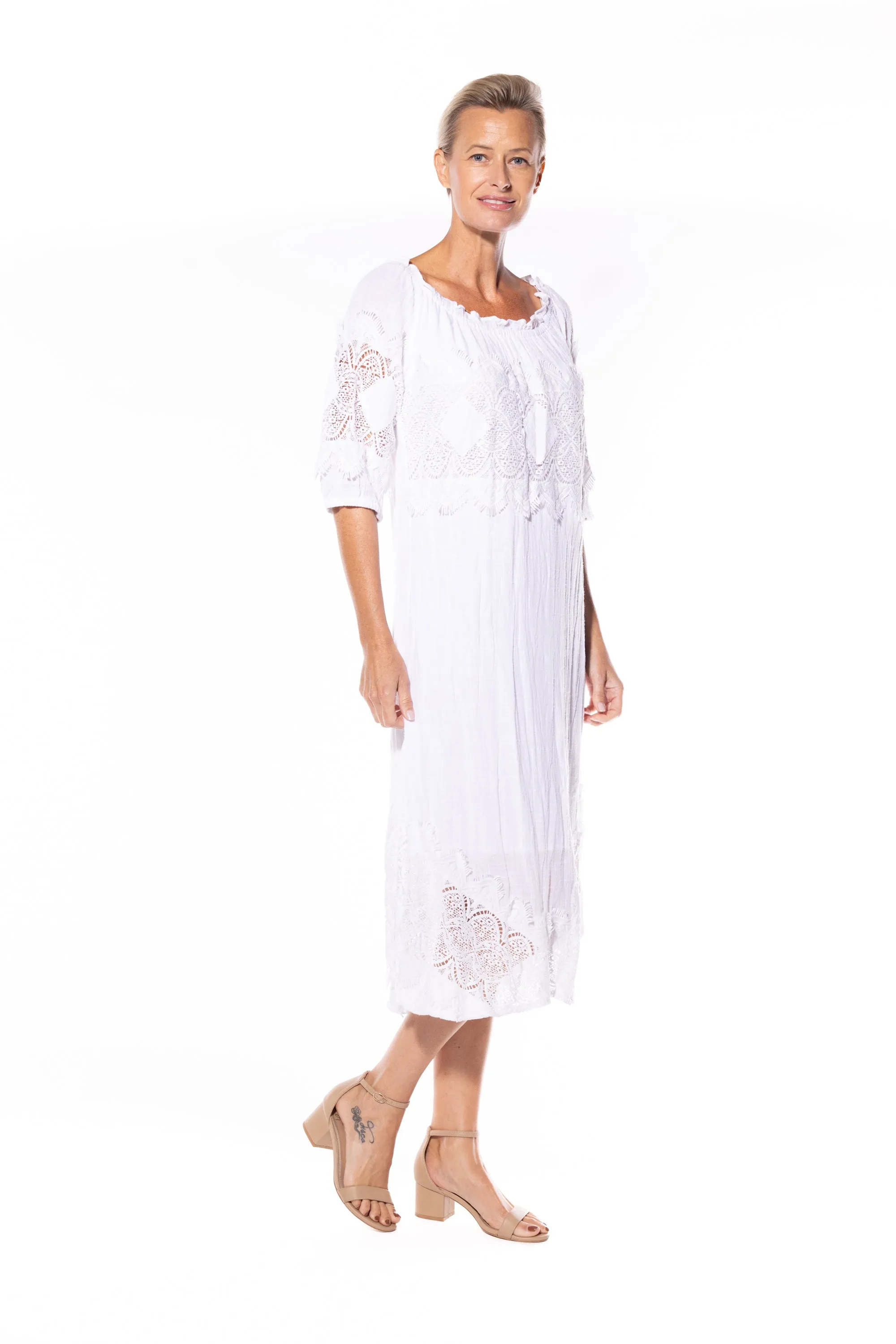 Cotton Peasant Dress by Café Latte - White