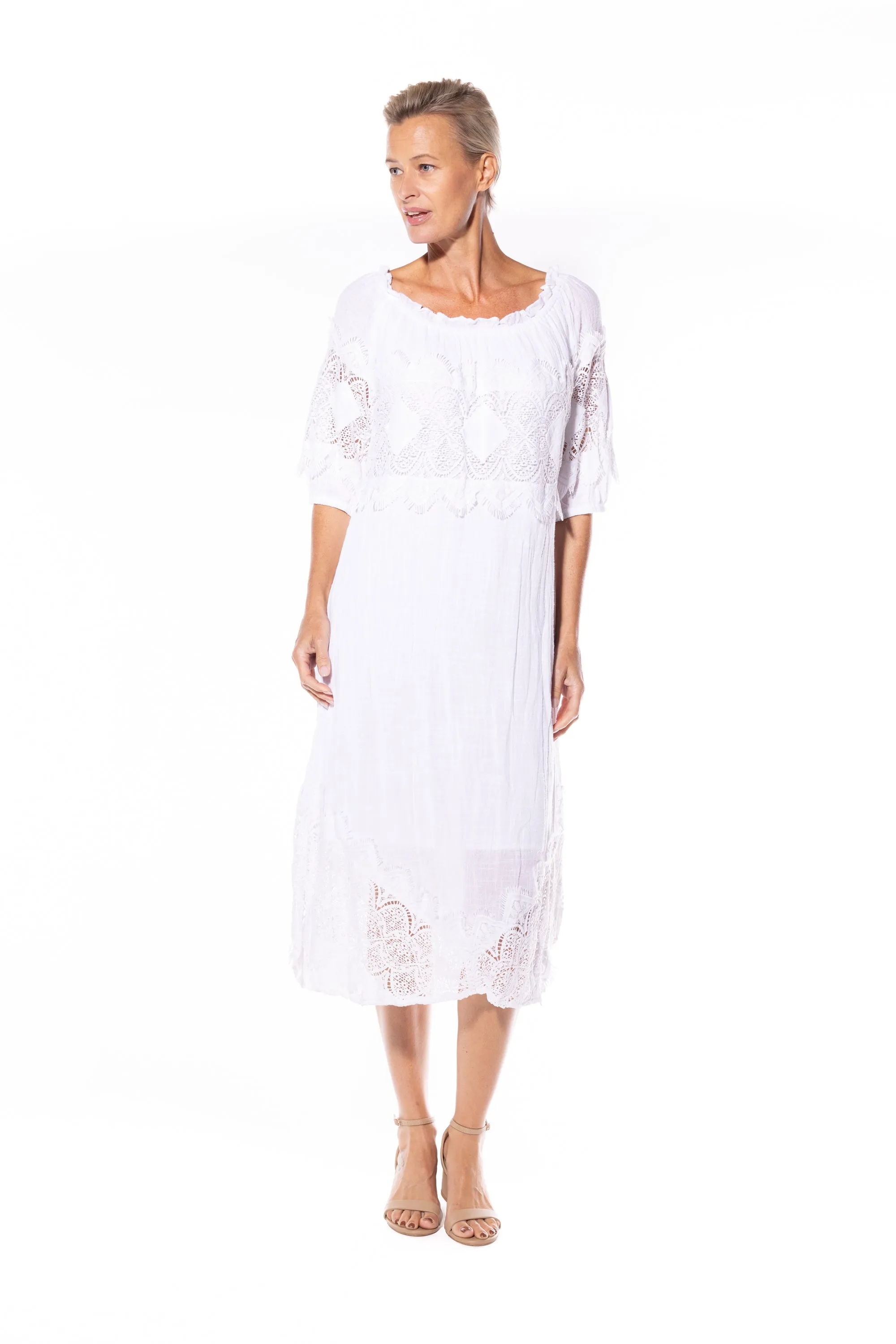 Cotton Peasant Dress by Café Latte - White