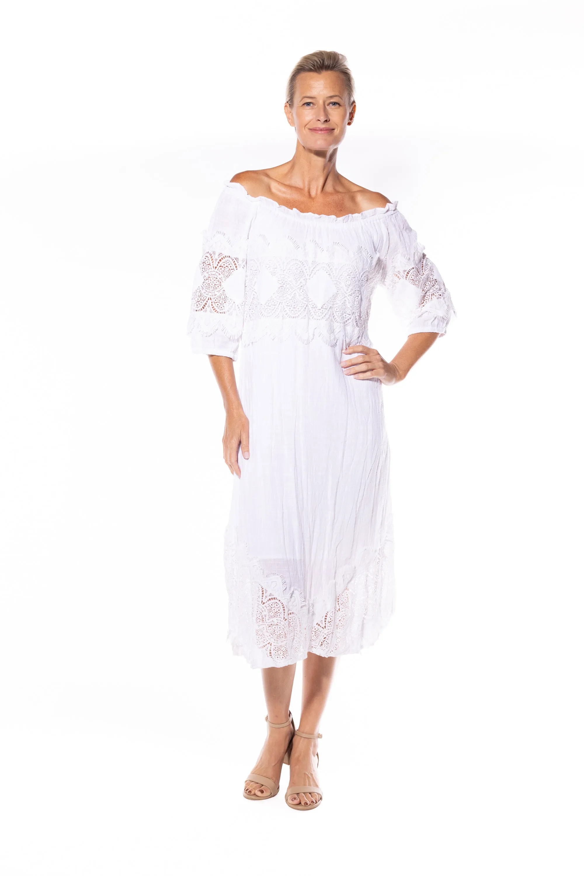 Cotton Peasant Dress by Café Latte - White