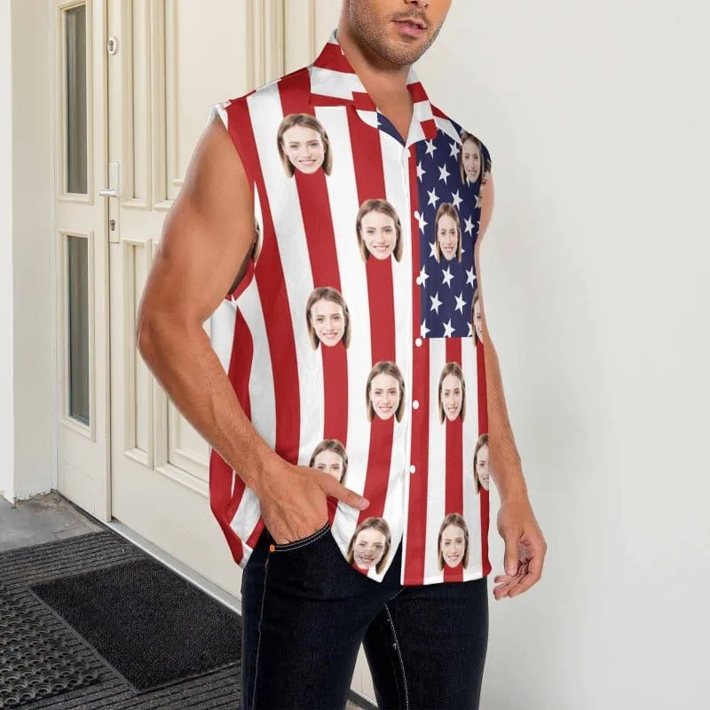 Custom Face American Flag Style Mens Sleeveless Button Down Shirts Summer Beach Basic Hawaiian Shirts Clothing