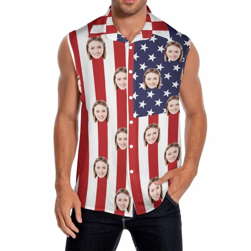 Custom Face American Flag Style Mens Sleeveless Button Down Shirts Summer Beach Basic Hawaiian Shirts Clothing