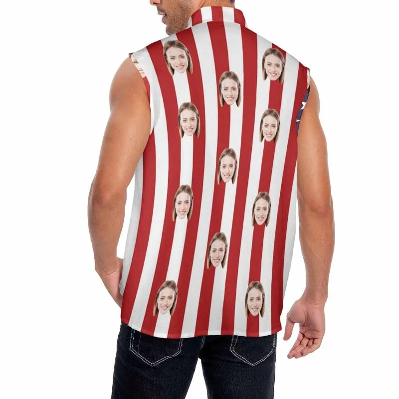 Custom Face American Flag Style Mens Sleeveless Button Down Shirts Summer Beach Basic Hawaiian Shirts Clothing