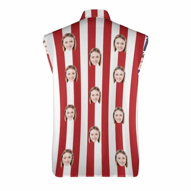 Custom Face American Flag Style Mens Sleeveless Button Down Shirts Summer Beach Basic Hawaiian Shirts Clothing