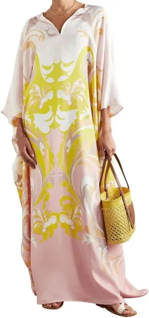 Designer Printed Satin Silk Casual Wear Kaftan for Women,Boat Neck Silk Caftan Dress, Kaftan for Woman,Maxi Long Dress, Gift for Kaftan Yellow