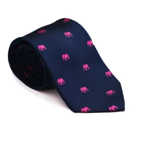 Elephant Necktie - Pink on Navy, Woven Silk - Spread