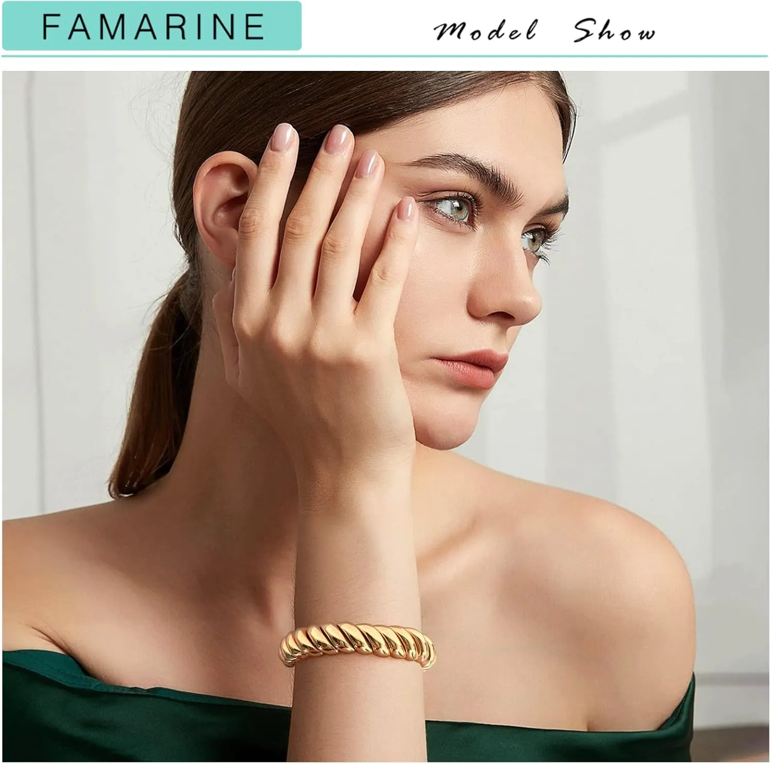 FAMARINE Gold Silver Chunky Bangle Bracelet for Women Men