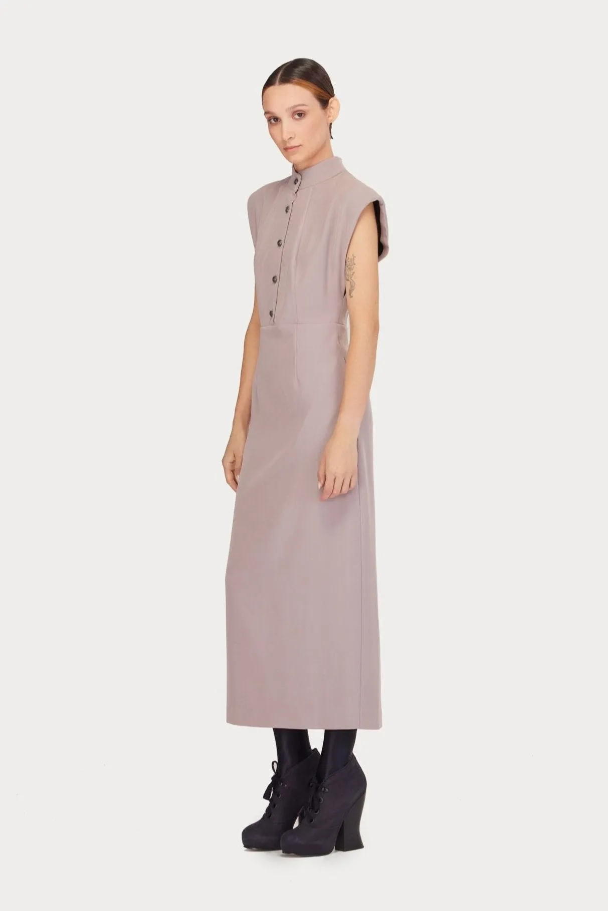 Fitted Sheath Dress With Shoulder Pads Dark Beige