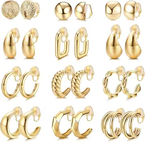 Florideco 12Pair Clip on Hoop Earrings Womens Gold Clip on Earrings Twist Round Chunky Hoop Earrings Clip Earrings No Piercing Fake Earrings