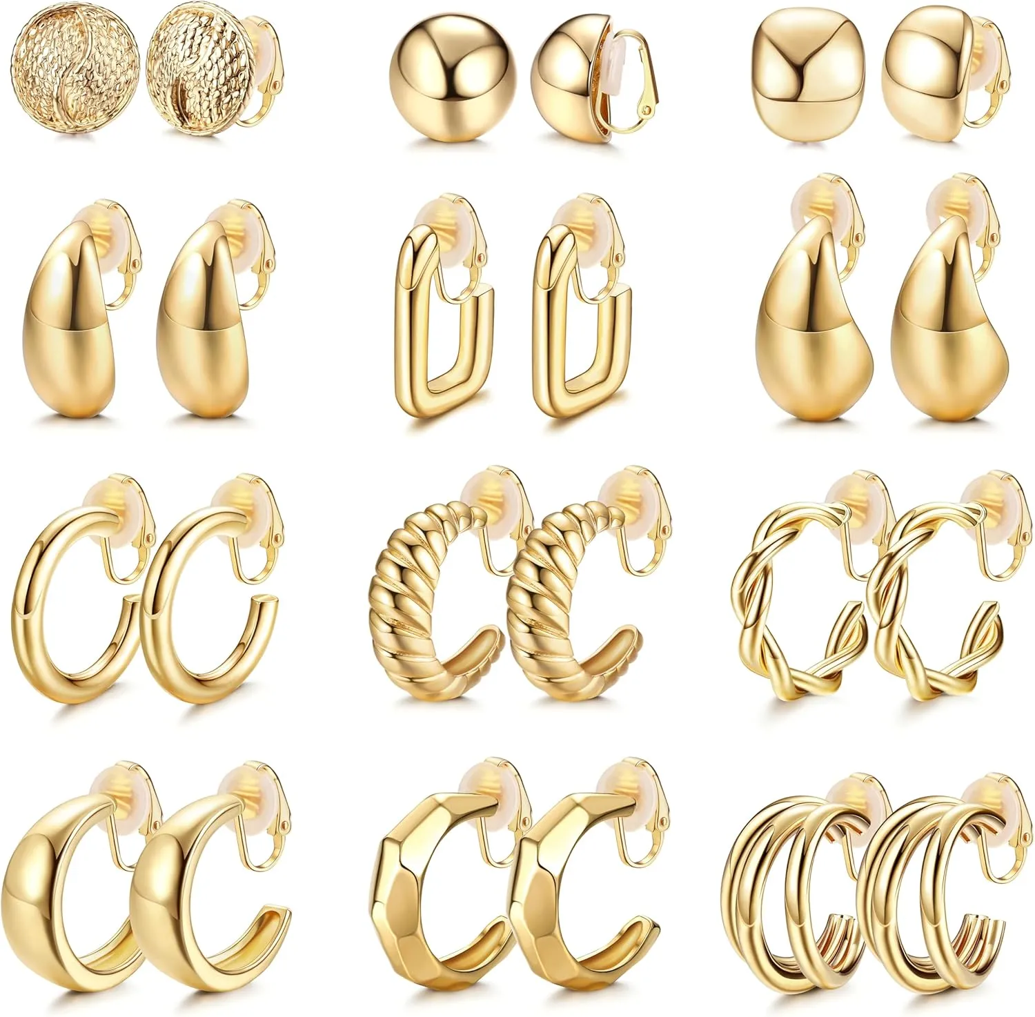 Florideco 12Pair Clip on Hoop Earrings Womens Gold Clip on Earrings Twist Round Chunky Hoop Earrings Clip Earrings No Piercing Fake Earrings