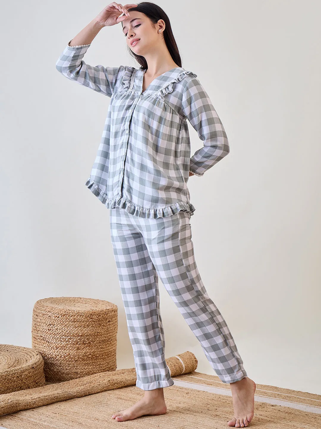 Green and White Checks Ruffled Cute Viscose Pyjama Set With Lace Detail