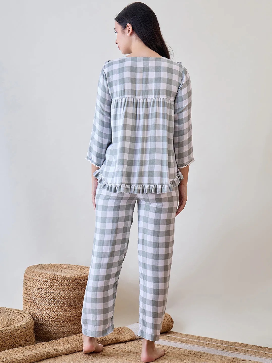Green and White Checks Ruffled Cute Viscose Pyjama Set With Lace Detail