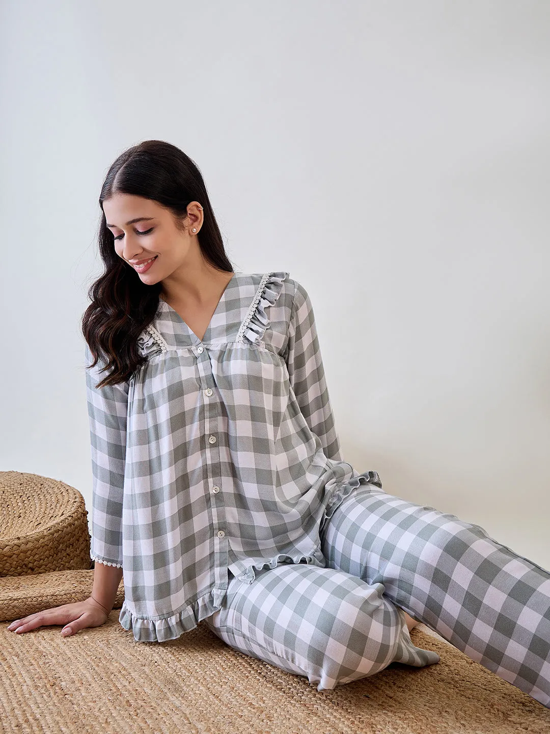 Green and White Checks Ruffled Cute Viscose Pyjama Set With Lace Detail