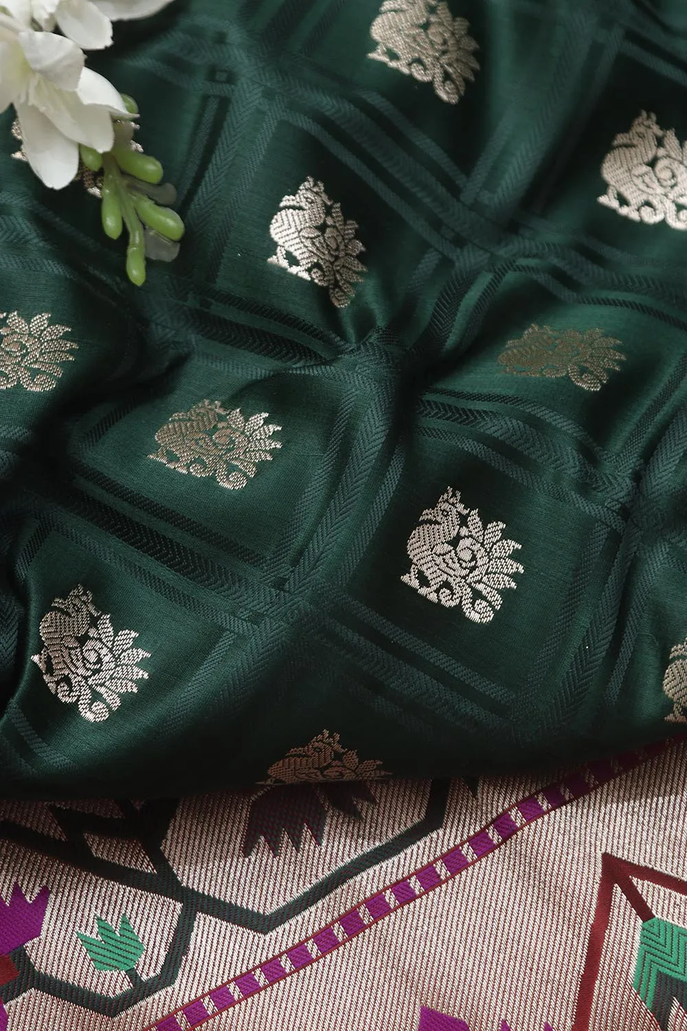 Green Banarasi Silk Big Border Fabric ( 1 Mtr )