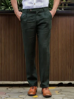 Hal Classic Pleated Pure Linen Trousers - Dark Green