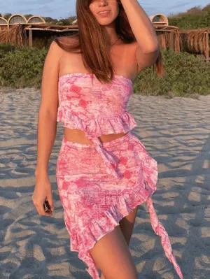 LANFUBEISI - Printed Ruffled Top And Skirt Twopiece