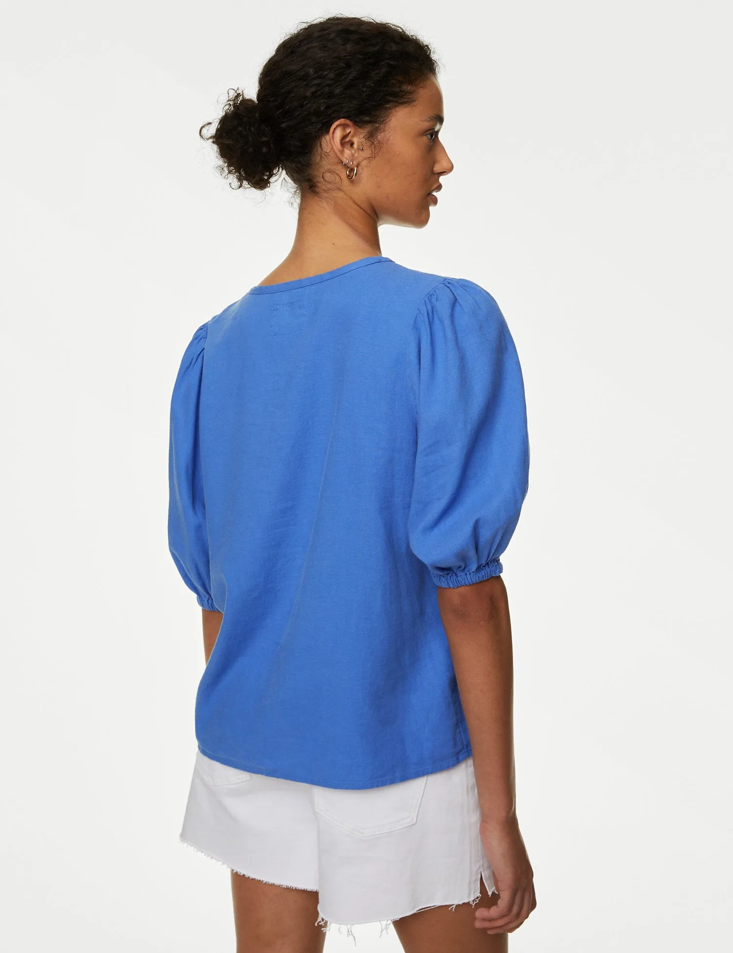 Linen Rich Tie Neck Puff Sleeve Blouse