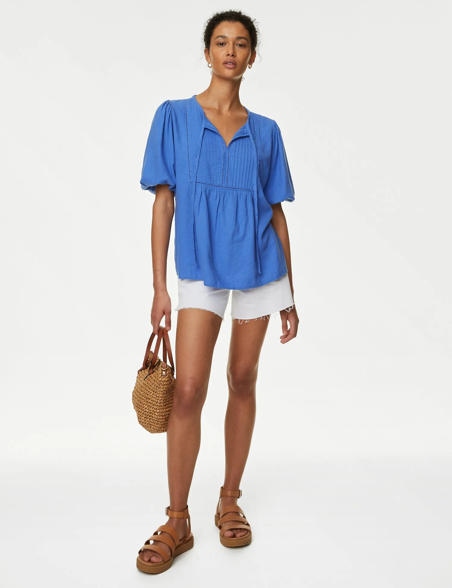 Linen Rich Tie Neck Puff Sleeve Blouse