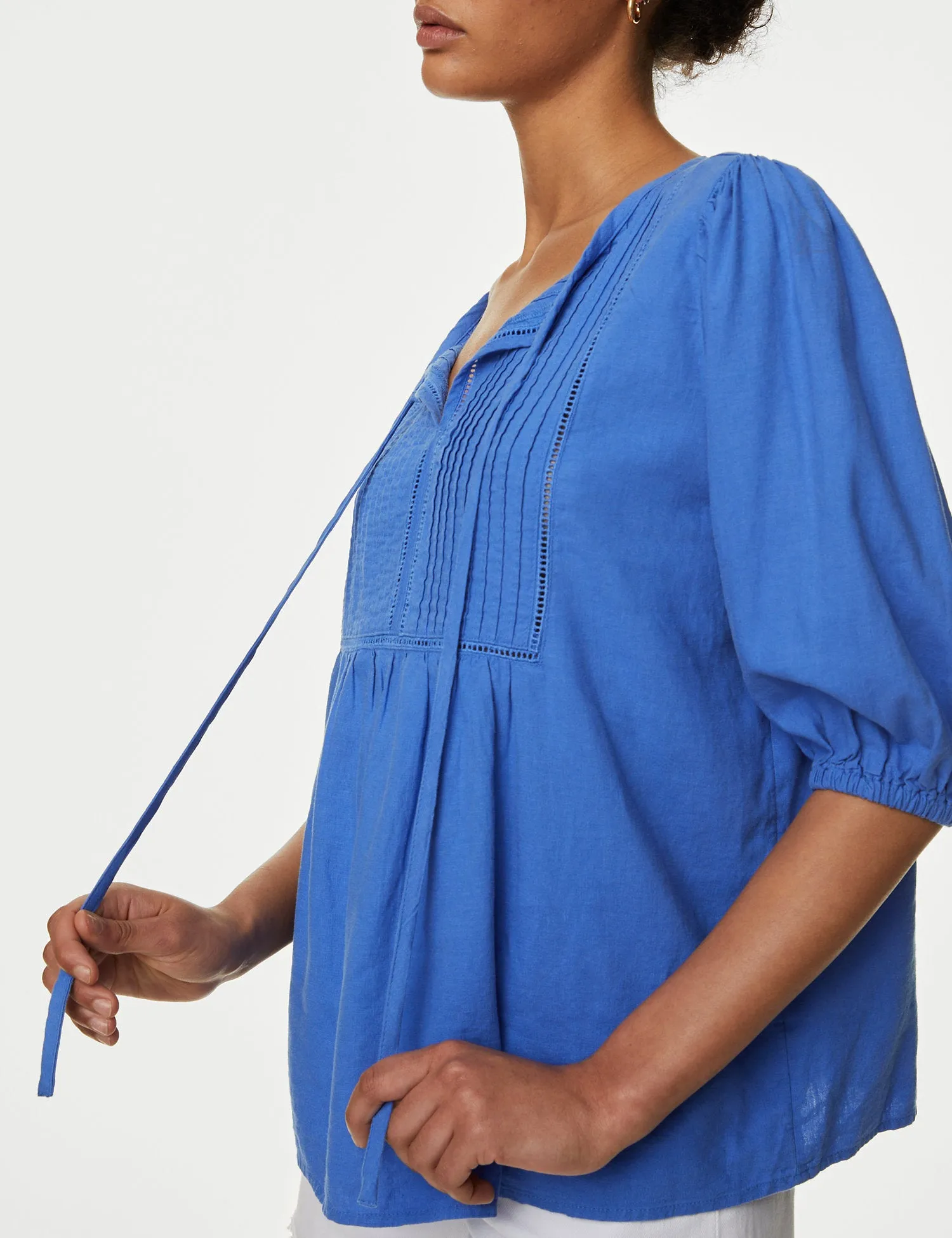 Linen Rich Tie Neck Puff Sleeve Blouse
