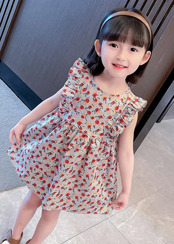 Lovely O-Neck Ruffled Print Kids Maxi Dress Summer SS1035